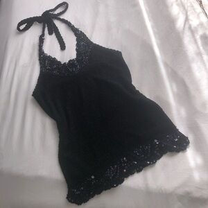 Black Beaded Sequin Trim Halter Tank
